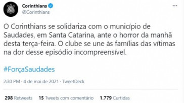 Corinthians se solidarizou com o assassinato em Saudades