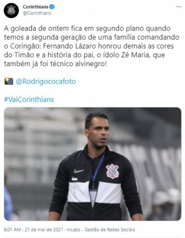 Corinthians fez publicao valorizando tcnico interino Fernando Lzaro