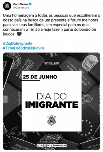 Publicao do Corinthians em homenagem ao Dia do Imigrante