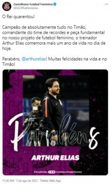 Corinthians parabeniza Arthur Elias por aniversrio de 40 anos