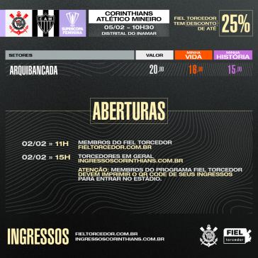 Valores dos ingressos para Corinthians e Atltico-MG pela Supercopa do Brasil Feminina