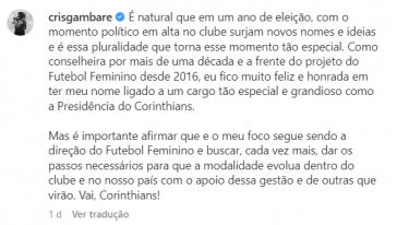 Cris Gambar emitiu uma nota oficial falando sobre uma suposta candidatura  presidncia do Corinthians