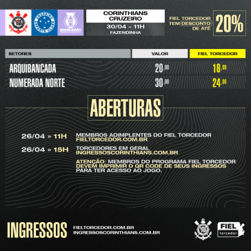 Ingressos Corinthians x Cruzeiro - Brasileiro Feminino