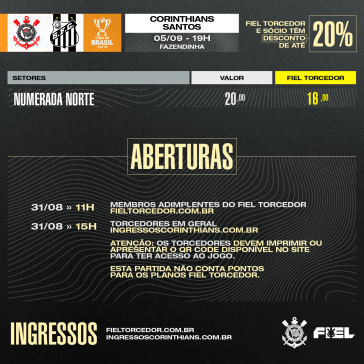 Ingressos do jogo entre Corinthians e Santos, pela Copa do Brasil Sub-20