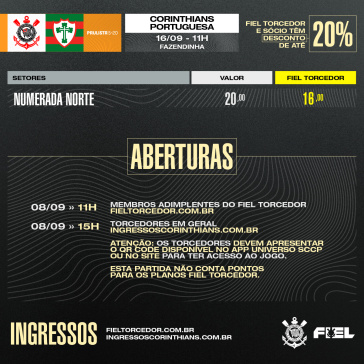 Detalhes dos ingressos de Corinthians x Portuguesa, pelo Paulista Sub-20