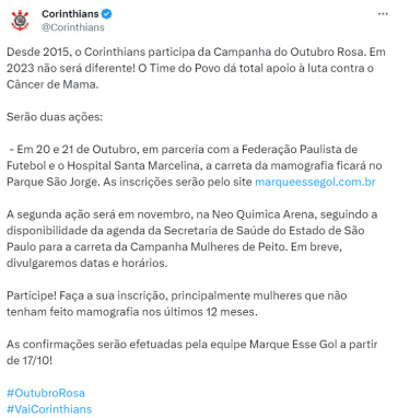 Aes do Corinthians para o Outubro Rosa de 2023