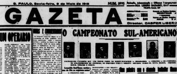 Capa dA Gazeta no dia 9 de maio de 1919, antevspera da estreia do Brasil