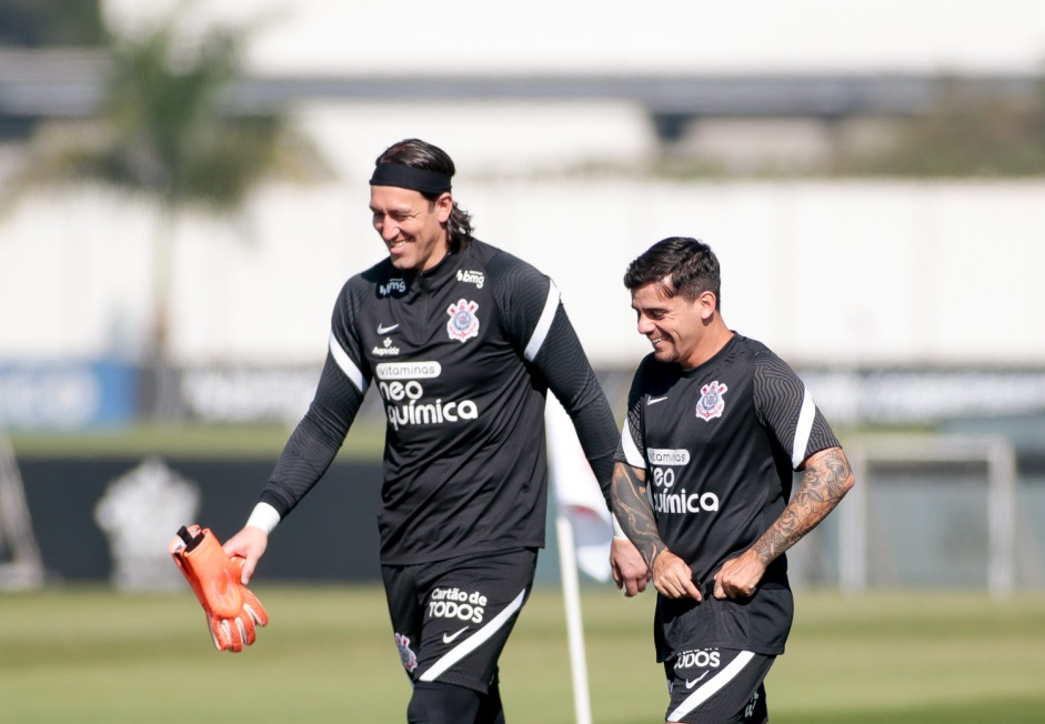 Cssio e Fagner no treino preparatrio para jogo entre Corinthians e Huancayo, pela Sul-Americana