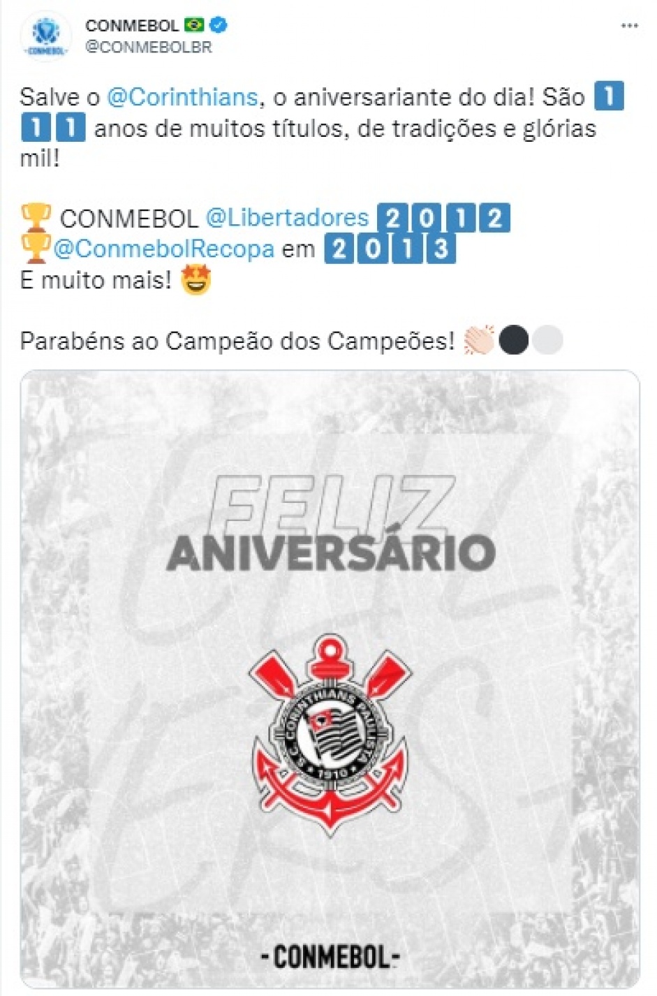 Entidades Do Futebol Parabenizam Corinthians Pelos 111 Anos De Fundação ...