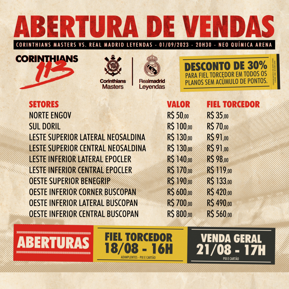 Corinthians divulga venda de ingressos para amistoso de lendas contra o